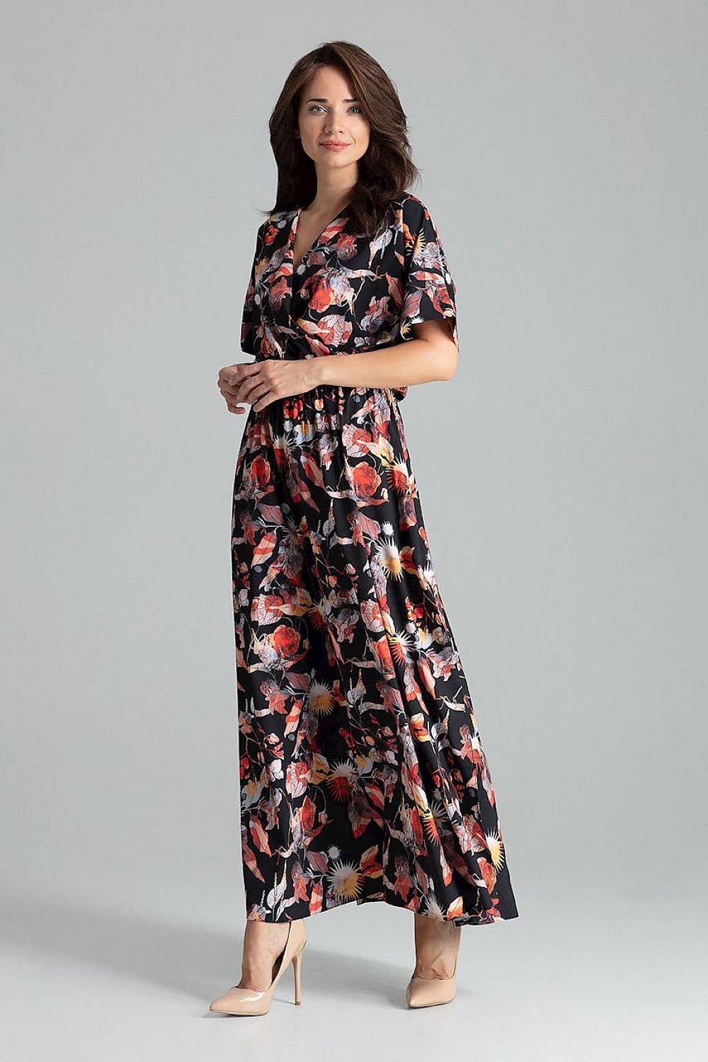 Lenitif Long Kimono-Sleeve Dress with Envelope Neckline
