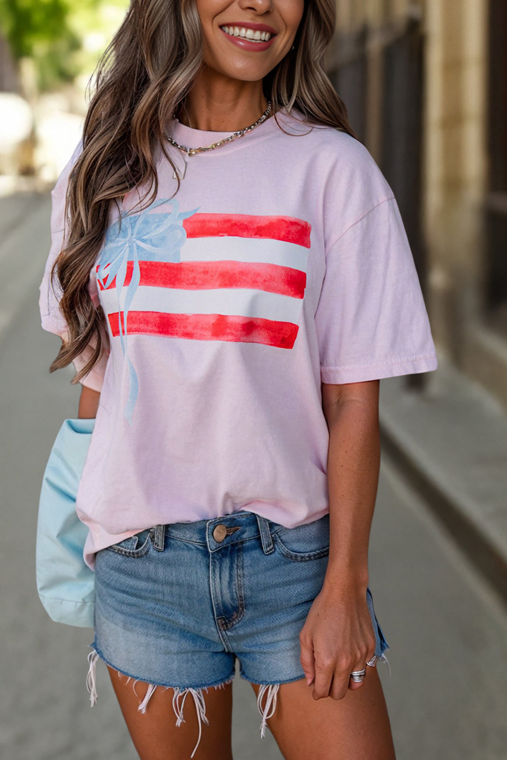 Light Pink Flag Bow Graphic Crewneck T-Shirt