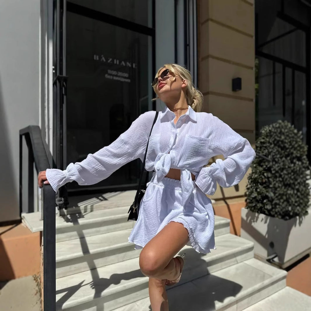 Long Sleeve Ruffled Shirt Double Layer Casual Shorts & Top Co-ord Set