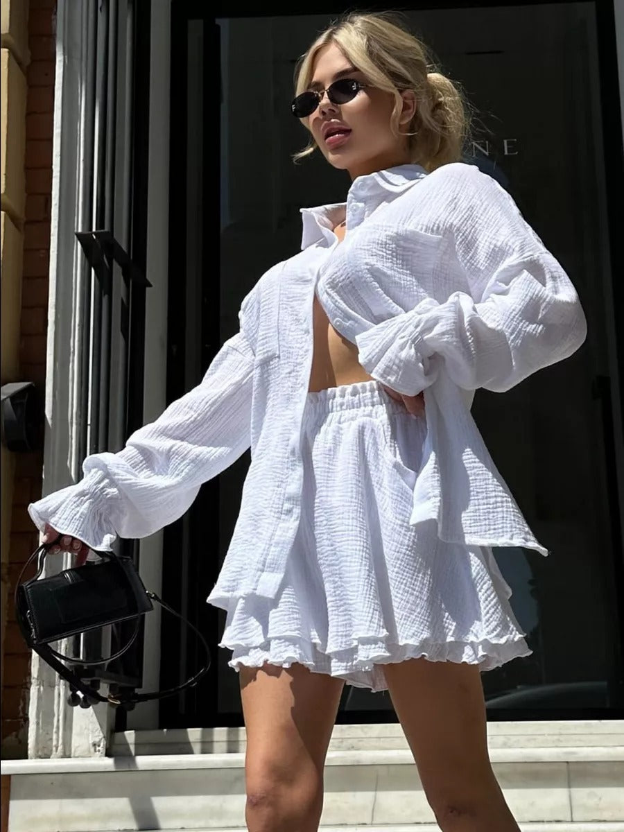 Long Sleeve Ruffled Shirt Double Layer Casual Shorts & Top Co-ord Set White
