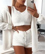 Long-sleeved Fleece Fluffy Fashion Casual Three-piece Loungewear Set White