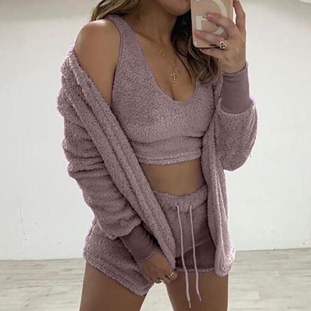 Long-sleeved Fleece Fluffy Fashion Casual Three-piece Loungewear Set Medium Sand