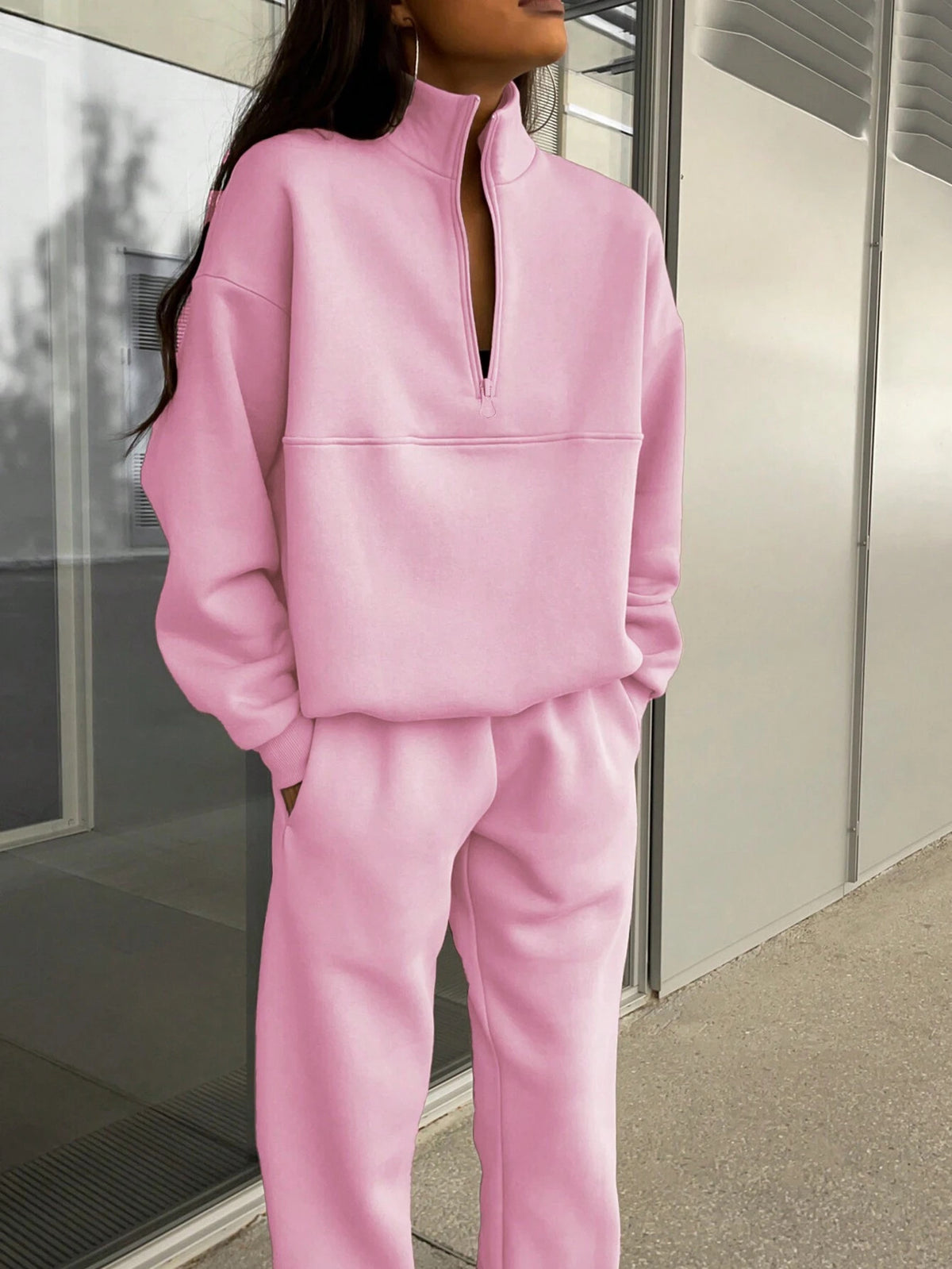Long-sleeved Sports Sweatshirt Suit Fashion Stand-up Collar Zip-up Loungewear Set Pink