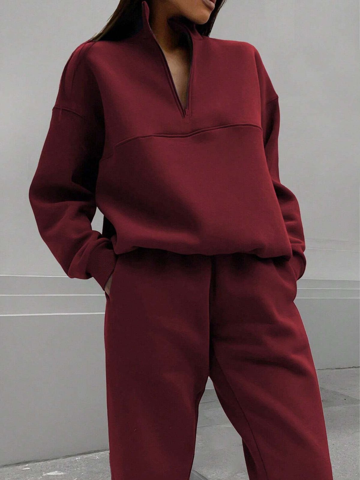 Long-sleeved Sports Sweatshirt Suit Fashion Stand-up Collar Zip-up Loungewear Set Wine Red