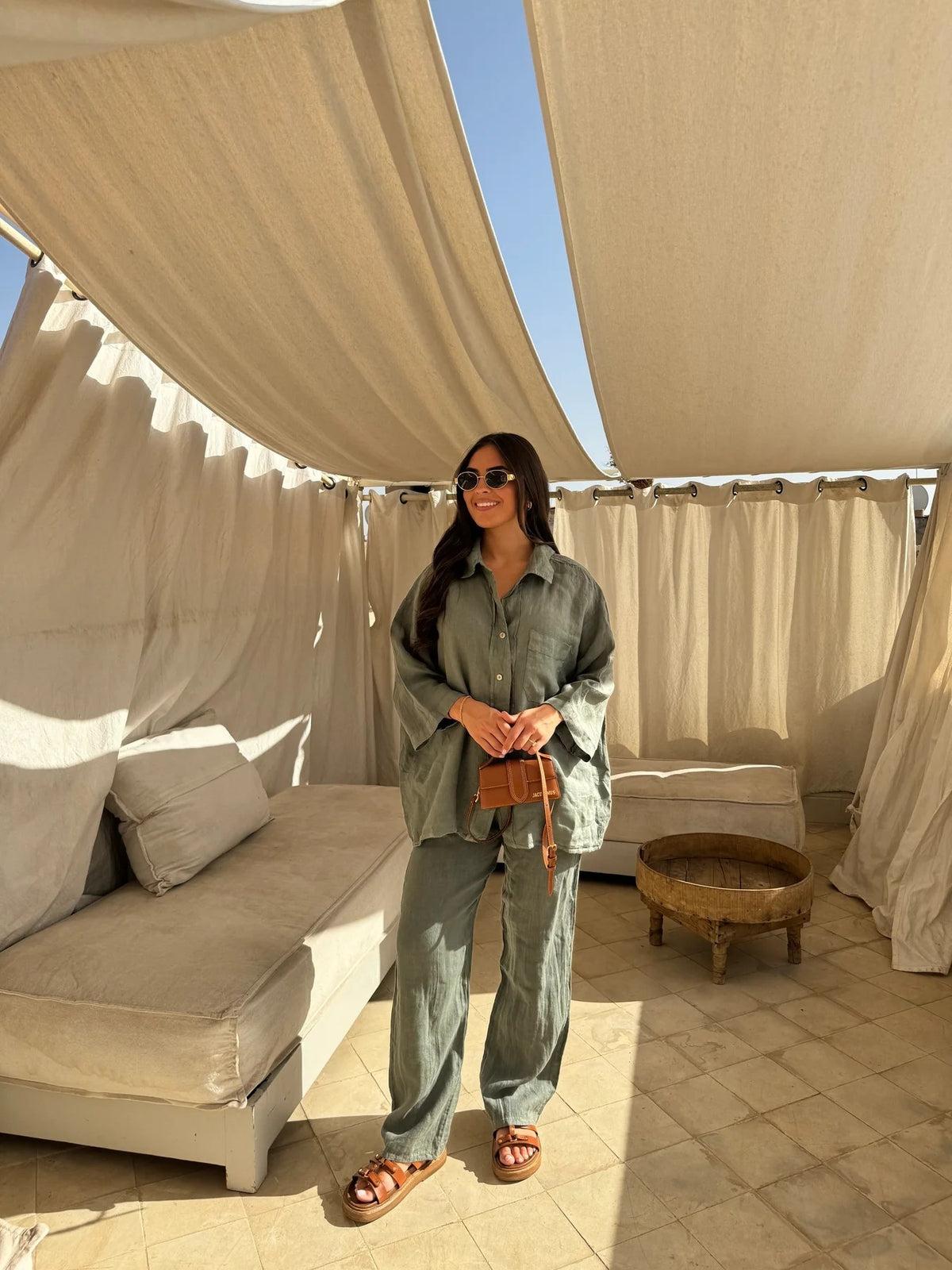 Loose Casual Wide Leg Pants & Long Sleeve Shirt Co-ord Set - Stylish Comfort Army Green