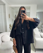 Loose Casual Wide Leg Pants & Long Sleeve Shirt Co-ord Set - Stylish Comfort Black