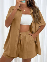 Loose-fit Short-sleeve Short Two-piece Shorts & Top Co-ord Set Brown