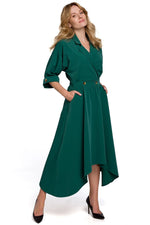 Makover Collared Envelope Day Dress with Asymmetrical Voluminous Bottom green