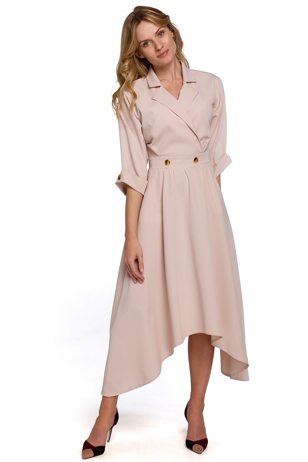 Makover Collared Envelope Day Dress with Asymmetrical Voluminous Bottom beige