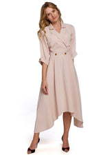 Makover Collared Envelope Day Dress with Asymmetrical Voluminous Bottom beige