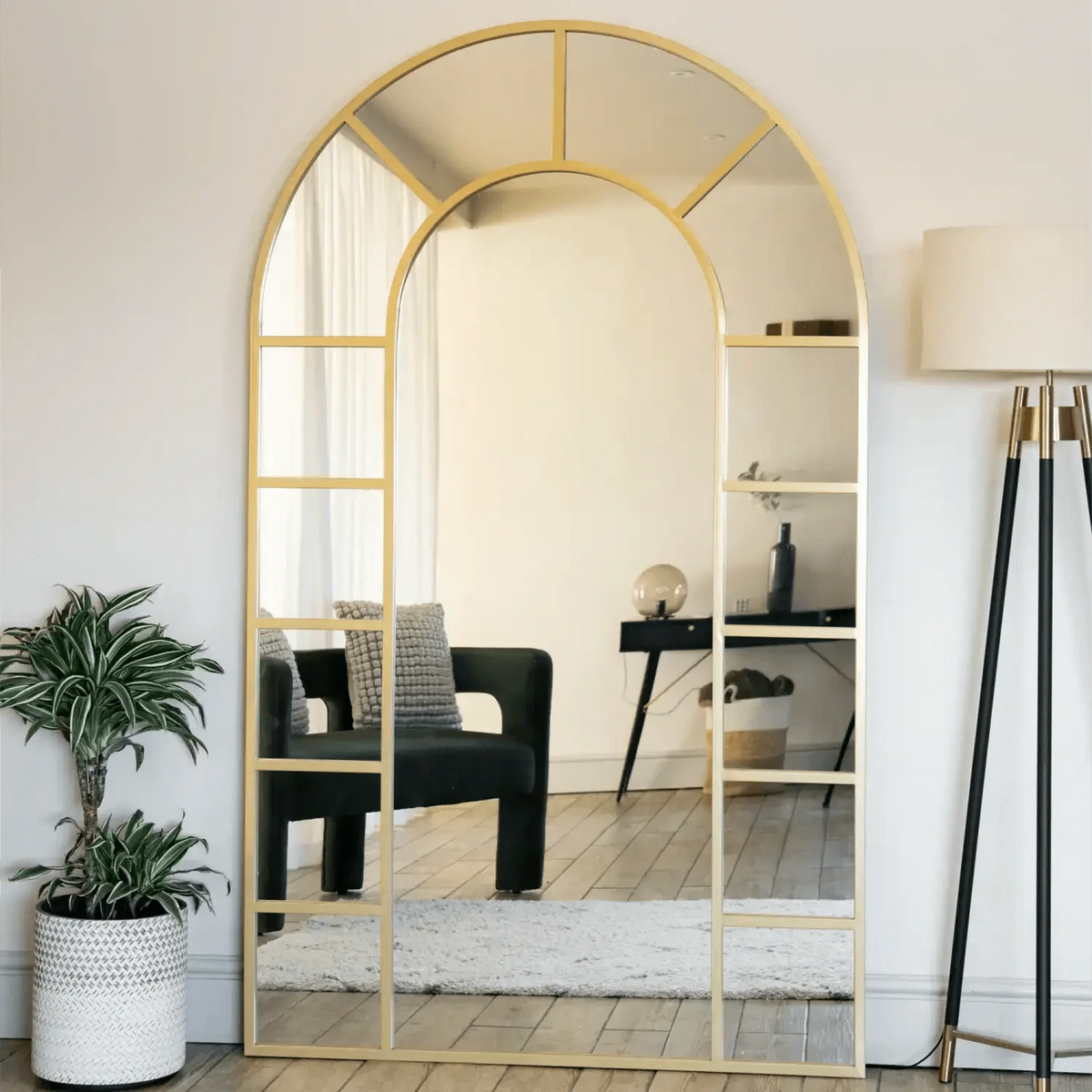 Mio - Full Length Gold Metal Arched Window Mirror - 180cm x 90cm.