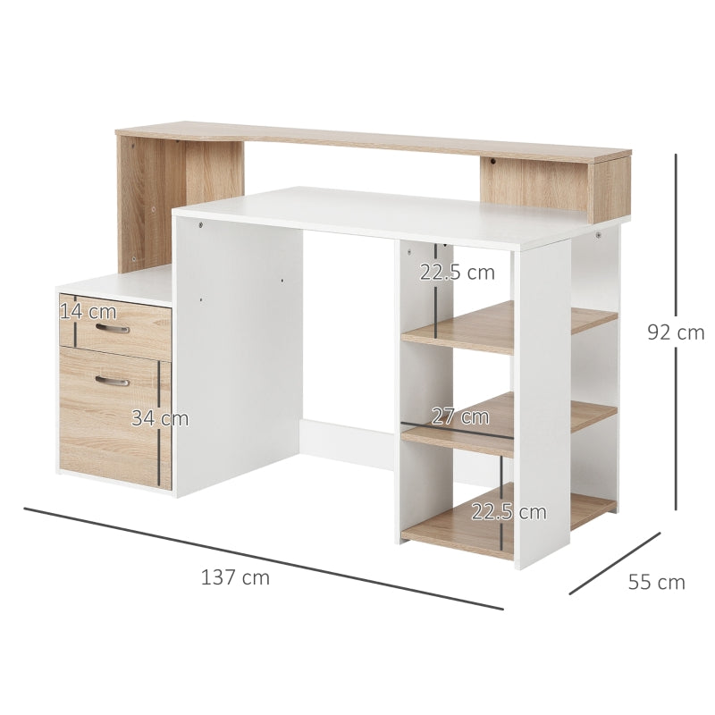 Modern Computer Workstation Desk with Drawers and Storage Shelves, Printer Stand for Home Office, Oak and White