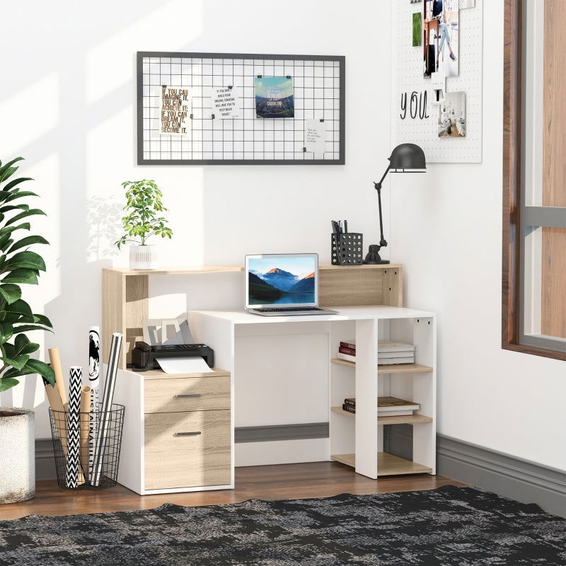 Modern Computer Workstation Desk with Drawers and Storage Shelves, Printer Stand for Home Office, Oak and White