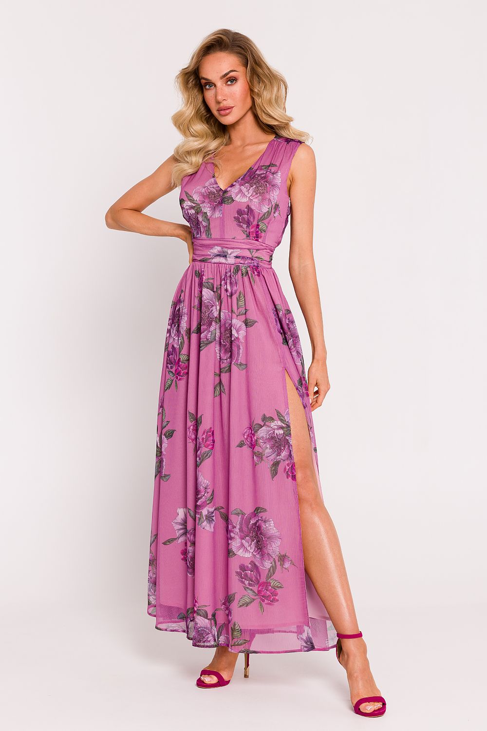 Moe Chiffon Maxi Daydress with High Slit and V-Neck multicolor