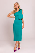 Moe Clara Asymmetrical One-Shoulder Pencil Midi Dress with Bow Accent green