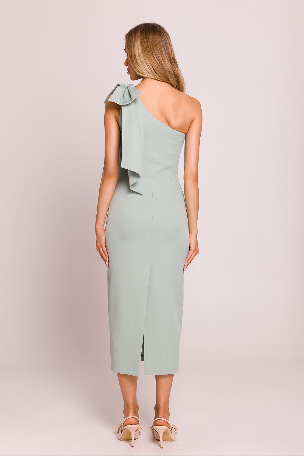 Moe Clara Asymmetrical One-Shoulder Pencil Midi Dress with Bow Accent