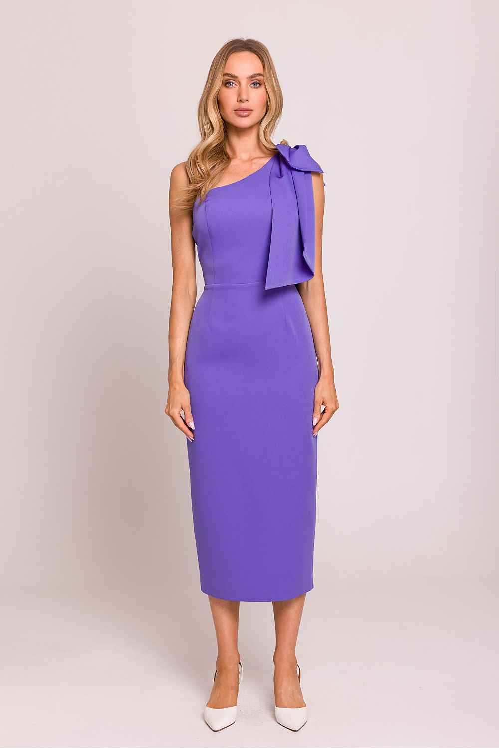 Moe Clara Asymmetrical One-Shoulder Pencil Midi Dress with Bow Accent violet