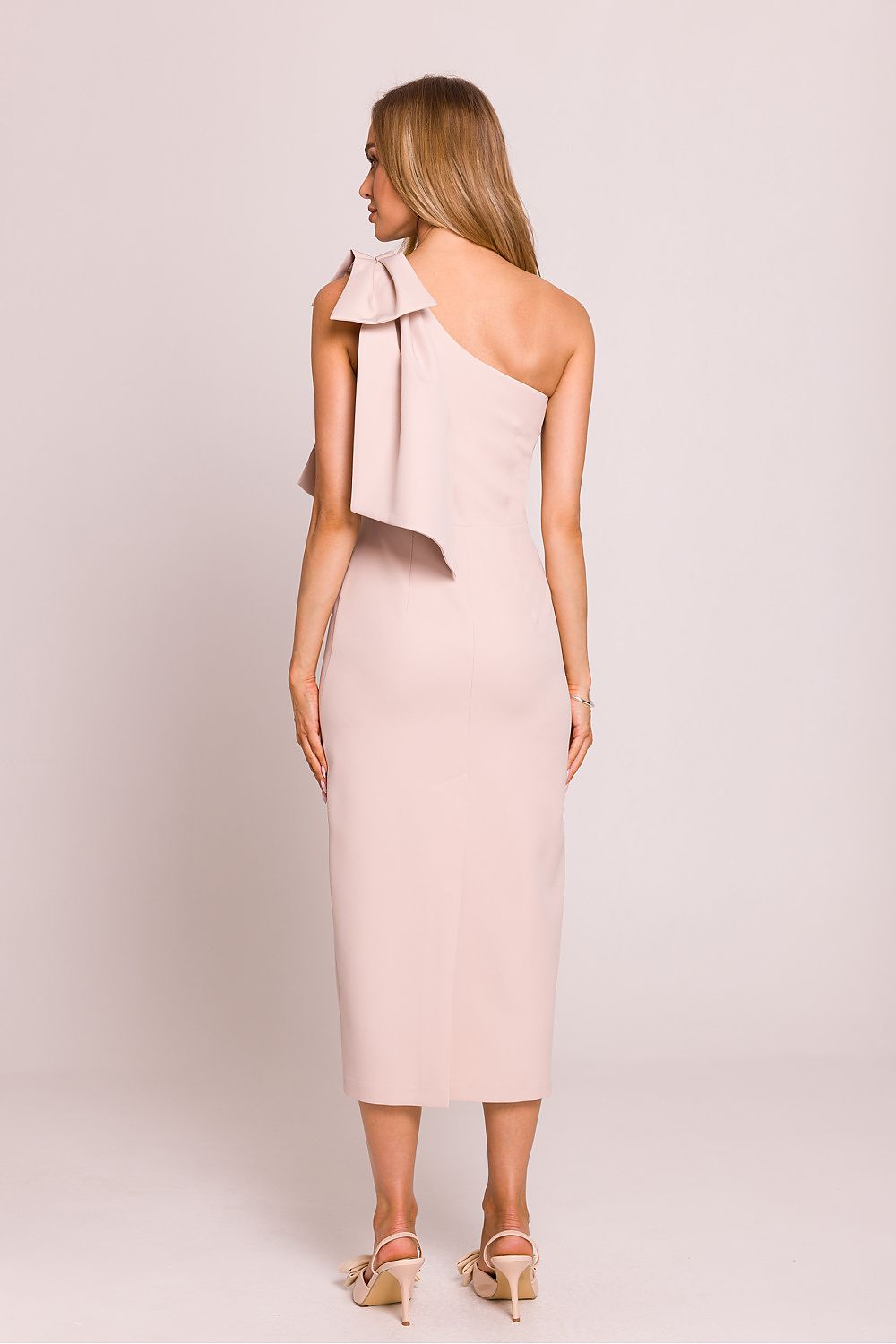 Moe Clara Asymmetrical One-Shoulder Pencil Midi Dress with Bow Accent