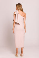 Moe Clara Asymmetrical One-Shoulder Pencil Midi Dress with Bow Accent