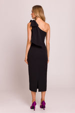 Moe Clara Asymmetrical One-Shoulder Pencil Midi Dress with Bow Accent