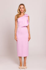 Moe Clara Asymmetrical One-Shoulder Pencil Midi Dress with Bow Accent pink