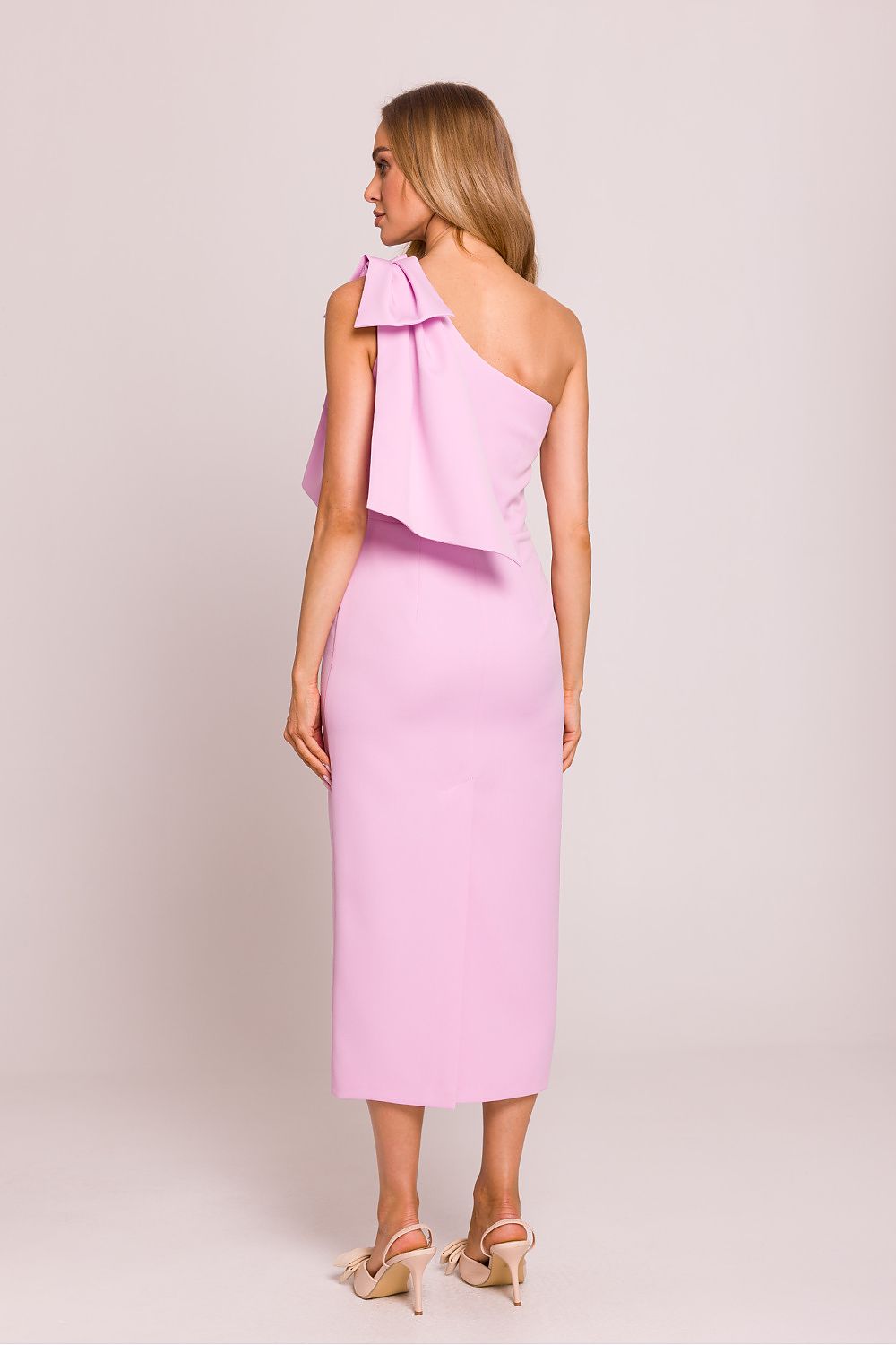 Moe Clara Asymmetrical One-Shoulder Pencil Midi Dress with Bow Accent