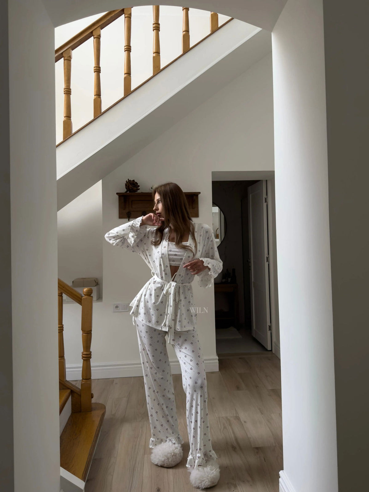 MOMENT White & Heart Print Tie Waist 3 Piece Loungewear Set