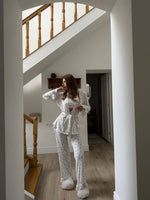 MOMENT White & Heart Print Tie Waist 3 Piece Loungewear Set