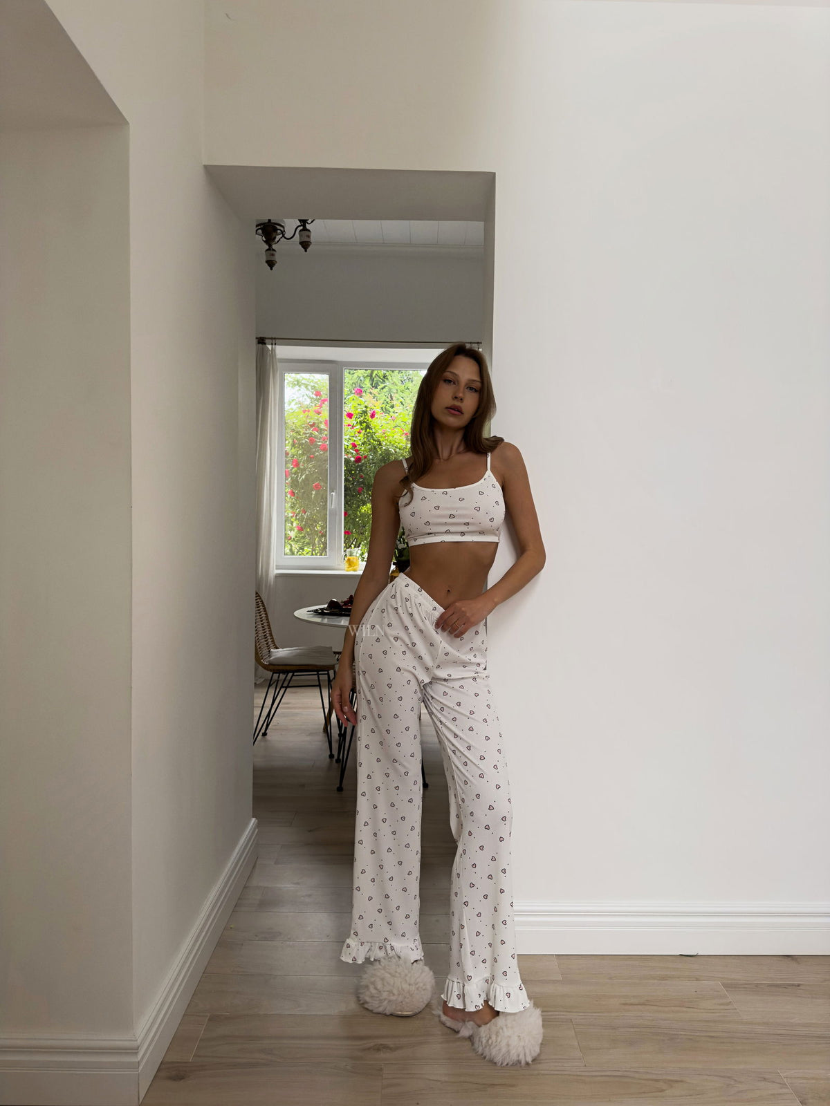 MOMENT White & Heart Print Tie Waist 3 Piece Loungewear Set