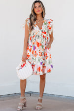Multicolour Floral Ruffle Sleeve V Neckline Mini Summer Dress
