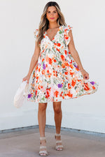 Multicolour Floral Ruffle Sleeve V Neckline Mini Summer Dress