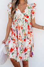 Multicolour Floral Ruffle Sleeve V Neckline Mini Summer Dress
