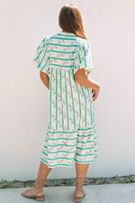 Multicolour Green Striped Floral Print Tie Split Neck Puff Sleeve Midi Dress