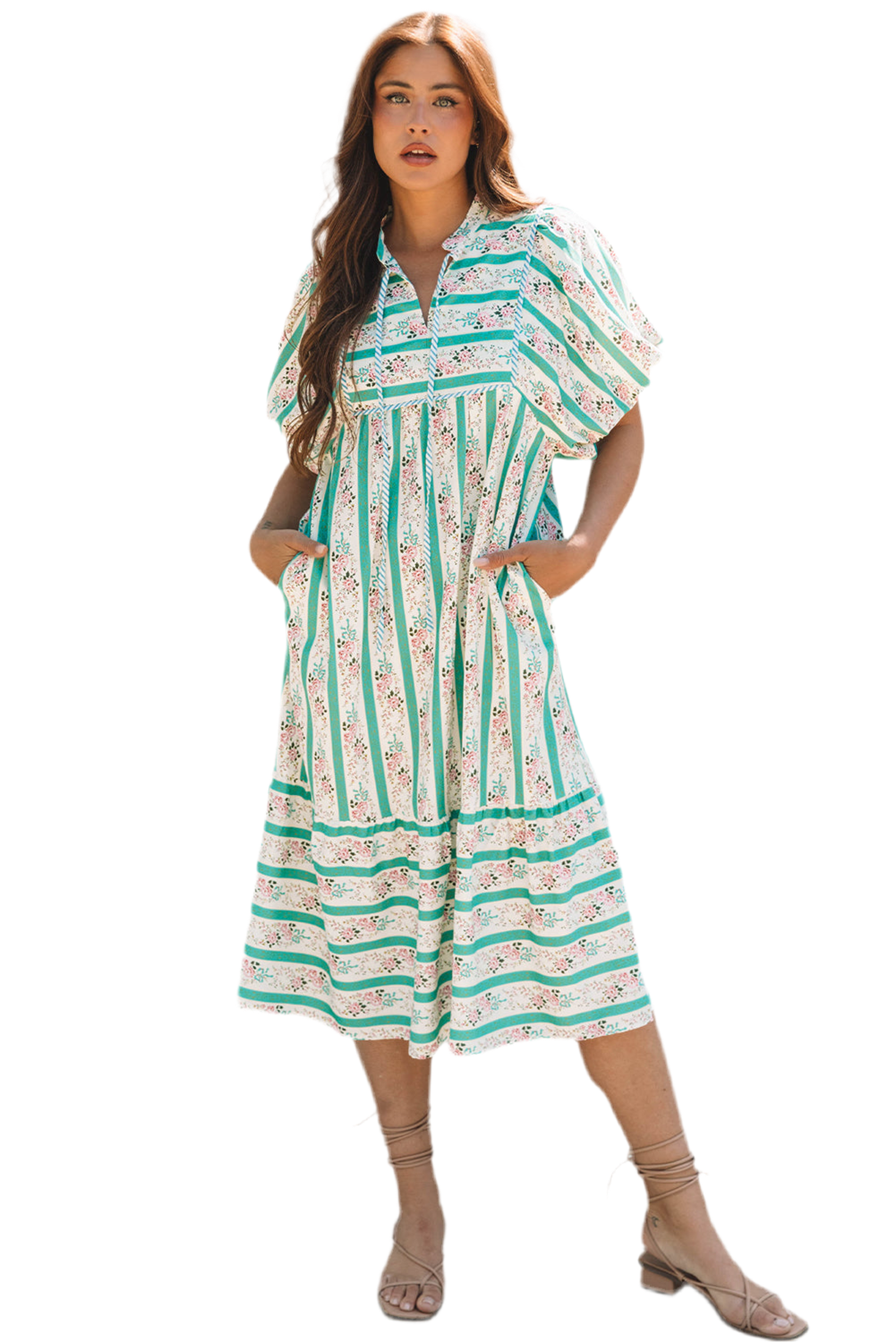 Multicolour Green Striped Floral Print Tie Split Neck Puff Sleeve Midi Dress