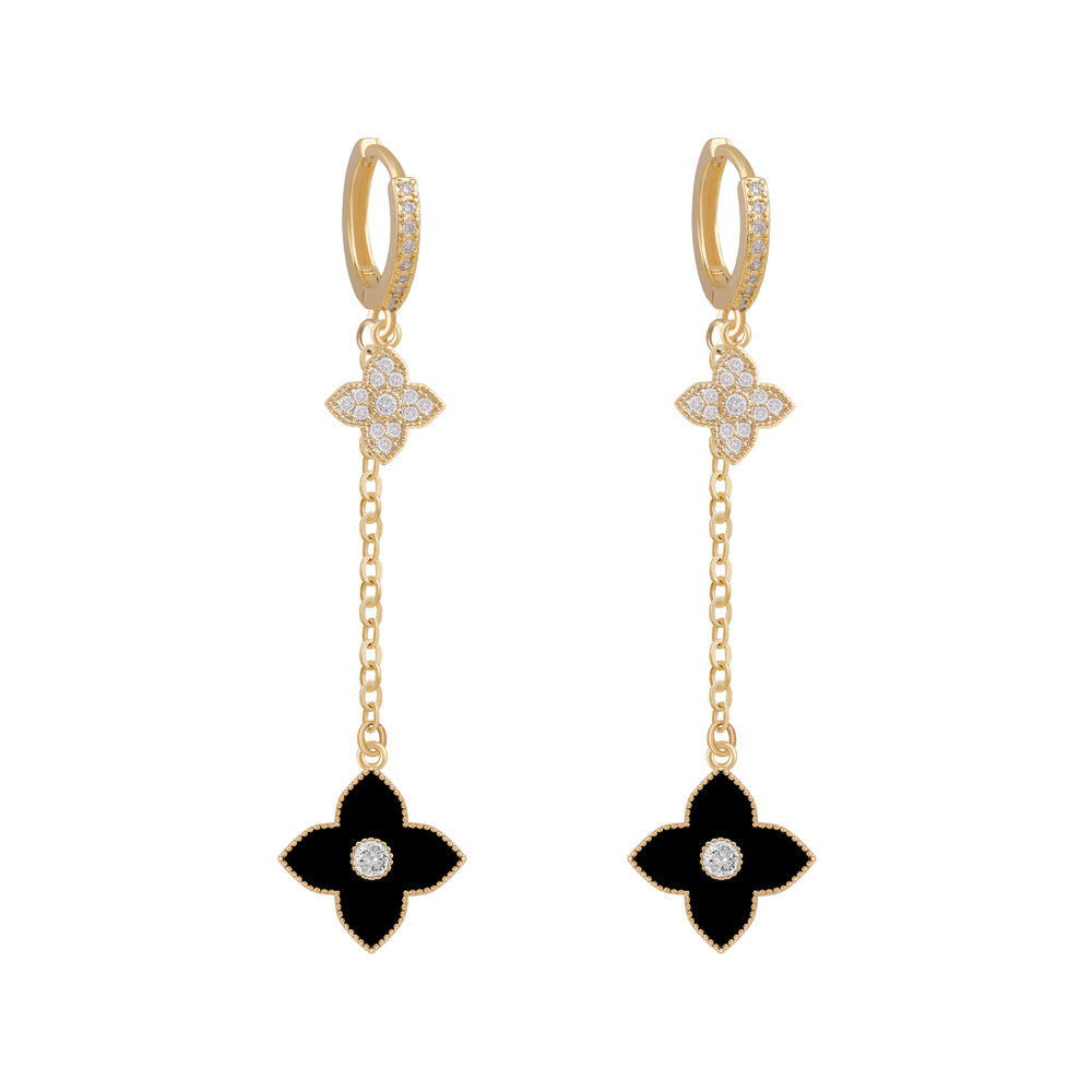 Natalya Clover Shape Long Drop Earrings | 4 Colours Gold Black