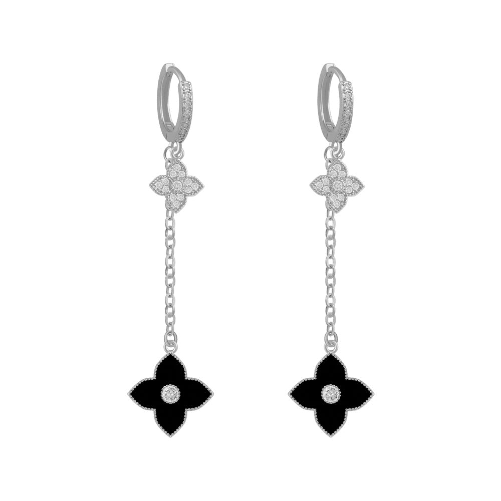 Natalya Clover Shape Long Drop Earrings | 4 Colours Silver Black