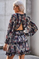 Navy Blue Ruffle Detailing Open Back Floral Dress