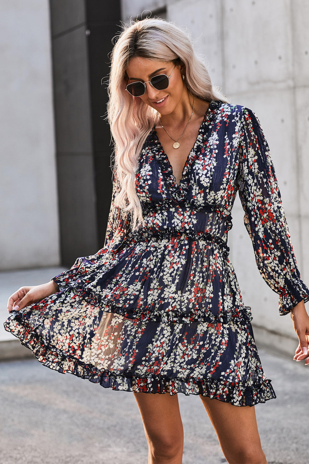 Navy Blue Ruffle Detailing Open Back Floral Dress