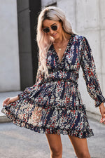 Navy Blue Ruffle Detailing Open Back Floral Dress