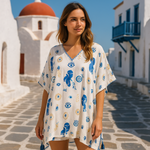 Nomad Sari On the Med White & Blue Evil Eye Kaftan - Hand-Painted Coastal Luxe