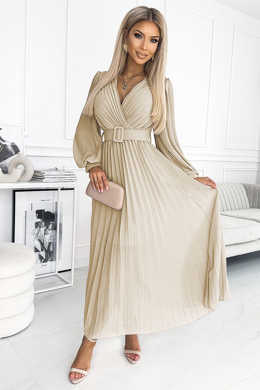 Numoco Beige Chiffon Pleated Long Sleeve Dress with Belt beige one-size-fits-all
