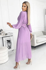 Numoco Beige Chiffon Pleated Long Sleeve Dress with Belt