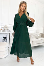 Numoco Beige Chiffon Pleated Long Sleeve Dress with Belt green one-size-fits-all