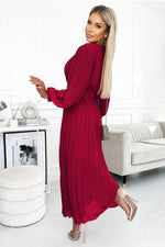 Numoco Beige Chiffon Pleated Long Sleeve Dress with Belt