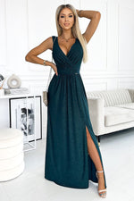 Numoco Bottle Green Brocade Maxi Dress with Deep Neckline and Leg Slit green