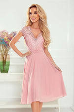 Numoco Chiffon Evening Dress with Lace Neckline pink