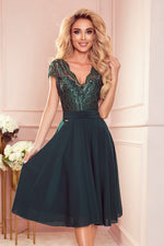 Numoco Chiffon Evening Dress with Lace Neckline green