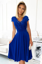 Numoco Chiffon Evening Dress with Lace Neckline blue