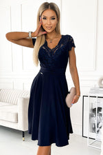 Numoco Chiffon Evening Dress with Lace Neckline navy blue