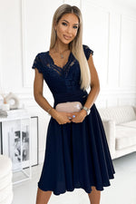 Numoco Chiffon Evening Dress with Lace Neckline